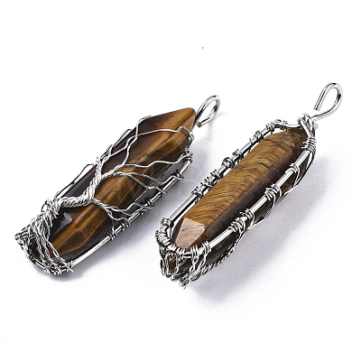 Natural Tiger Eye Big Wire Wrapped Pendants G-T133-P02B-1