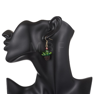 3D Cactus Potted Plant Glass Seed Beads Dangle Earrings EJEW-MZ00645-1