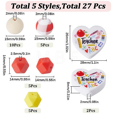 SUNNYCLUE 27Pcs 5 Style Teachers' Day Theme Food Grade Eco-Friendly Silicone Beads SIL-SC0001-67-1
