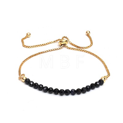Dyed Natural Black Topaz Faceted Round Beaded Adjustable Brass Box Chain Slider Bracelets for Women QE7421-2-1