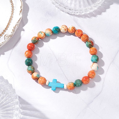 Dyed Synthetic Ocean White Jade & Turquoise Beaded Stretch Bracelets for Men Women BJEW-JB12372-02-1