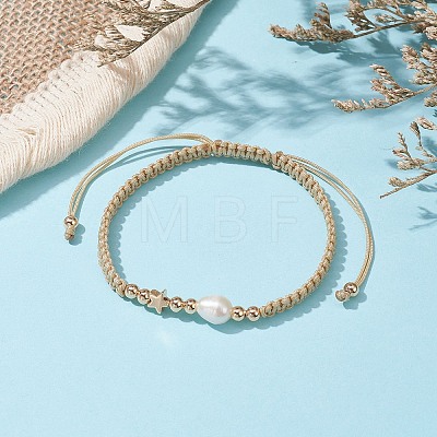Brass & Natural Pearl Braided Bead Bracelets BJEW-JB09721-02-1