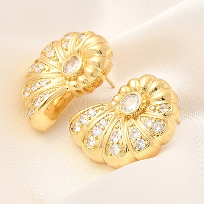 Rack Plating Shell Shape Brass Micro Pave Clear Cubic Zirconia Stud Earrings EJEW-H143-27G-1