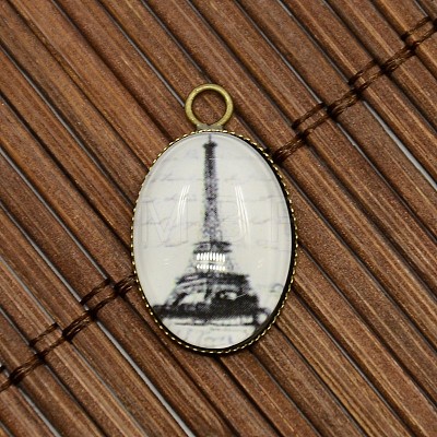 13x18mm Oval Tempered Glass Cabochons and Antique Bronze Brass Pendant Settings for Eiffel Tower Pendant Making DIY-X0089-NF-1