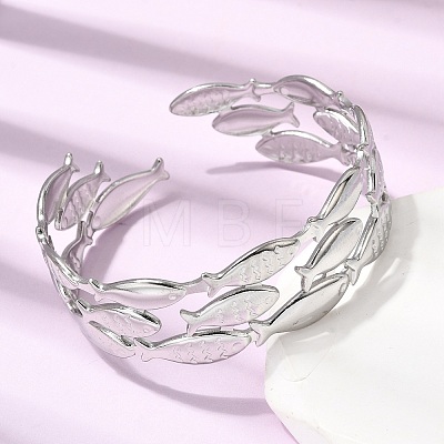 Fish 304 Stainless Steel Cuff Bangles for Women BJEW-A155-02P-1