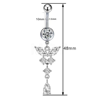 316L Surgical Stainless Steel Cubic Zirconia Butterfly Curved Barbell Dangle Belly Rings WGB11C1-04-1