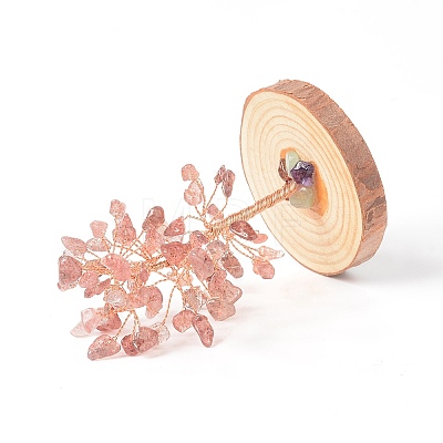 Natural Strawberry Quartz Chips with Brass Wrapped Wire Money Tree on Wood Base Display Decorations DJEW-B007-05E-1