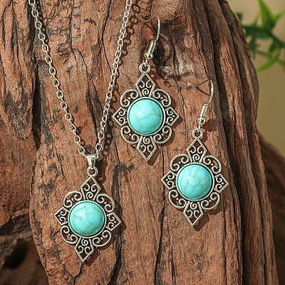 Bohemian Ethnic Style Zinc Alloy & Synthetic Turquoise Pendant Necklaces & Dangle Earrings Sets WG7E01E-01-1