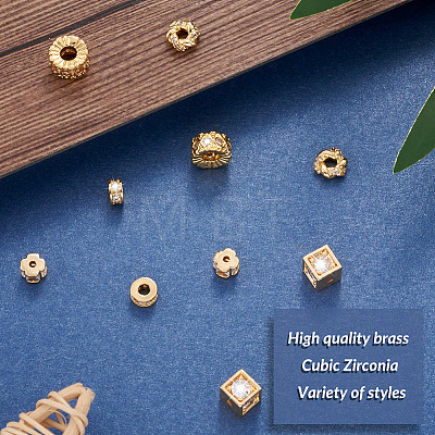 10Pcs 5 Styles Brass Clear Cubic Zirconia Beads KK-SW0001-02-1