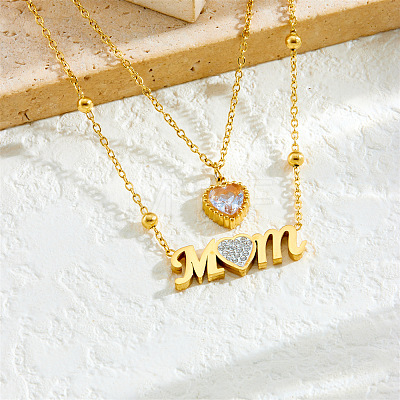 304 Stainless Steel Pave Clear Cubic Zirconia Mom Heart Pendant Double Layer Necklaces for Mother's Day WG85AFE-01-1