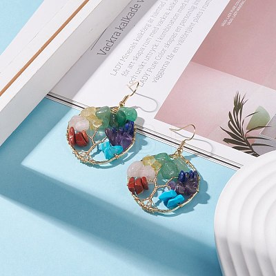 Natural & Synthetic Mixed Gemstone Chips Braided Ring with Tree of Life Dangle Earrings EJEW-JE04881-02-1