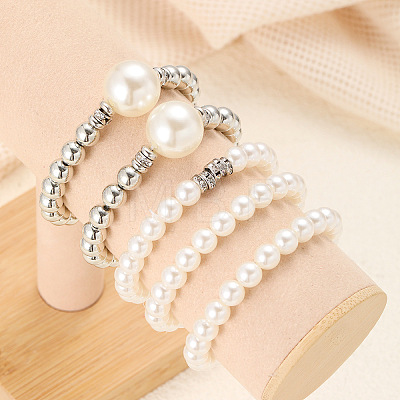 5Pcs 5 Styles Stylish CCB Plastic & Plastic Pearl & Rhinestone Beads Stretch Bracelets for Women WGF408F-01-1