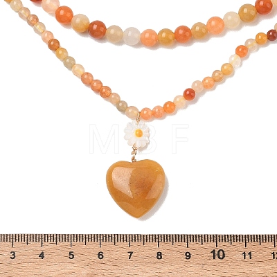 Natural Golden Silk Jade Heart and Flower Pendant Round Beaded Double Layer Necklaces with Brass OT Clasps NJEW-G202-01G-1