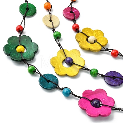 Dyed Natural Coconut Flower Beaded 3 Layer Necklaces NJEW-A007-02B-1