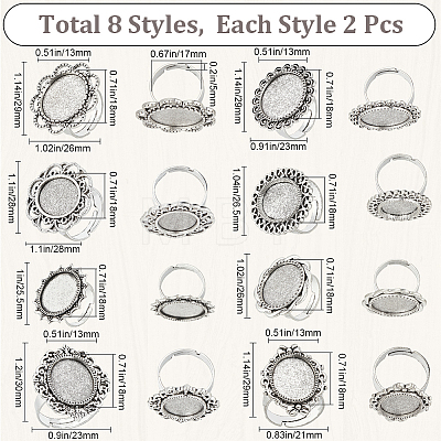 SUNNYCLUE 16Pcs 8 Style Adjustable Alloy Finger Rings Components FIND-SC0008-66-1