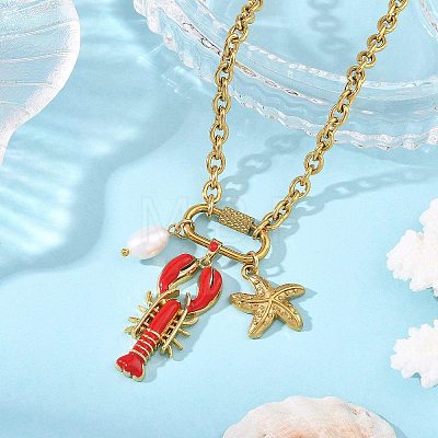 Ocean Brass Enamel Red Lobster Pendants 304 Stainless Steel Cable Chain Necklaces for Women NJEW-JN06483-01-1