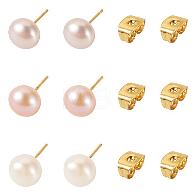 6Pcs 3 Colors Natural Cultured Freshwater Pearl Stud Earrings EJEW-TAC00027-1