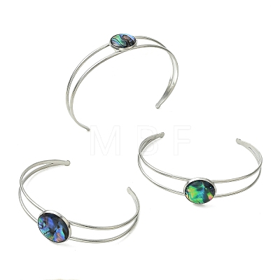 3Pcs 3 Styles Natural Abalone Shell 304 Stainless Steel Open Cuff Bangle Sets with Enamel BJEW-JB14413-02-1