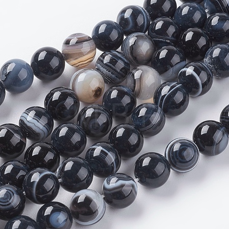 Round Dyed & Heated Natural Black Agate Beads Strands X-G-G582-8mm-07-1