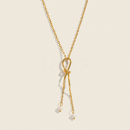 Minimalist Stainless Steel and Water Drop Natural Freshwater Pearl Knot Tassel Pendant Necklaces for Women DX0351-1-1