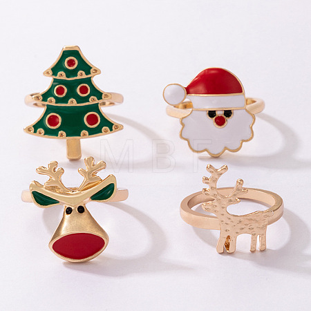 Christmas Theme Santa Claus & Christmas Tree & Deer Alloy Enamel Finger Rings Sets FS-WGAB09C-01-1