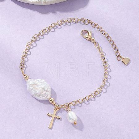 201 Stainless Steel & Natural Cultured Freshwater Pearl Charm Bracelets BJEW-JB13659-1