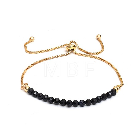 Dyed Natural Black Topaz Faceted Round Beaded Adjustable Brass Box Chain Slider Bracelets for Women QE7421-2-1