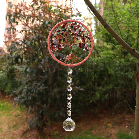 Tree of Life Mixed Gemstone Chip Suncatcher DJEW-PW0017-07-1