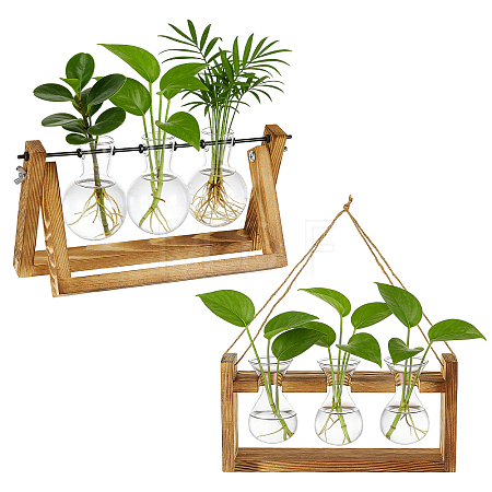 2 Bags Rustic Triple Glass Hydroponic Vase with Wooden Stand AJEW-TW0001-38-1