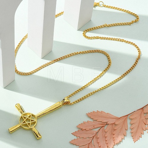 Upside Down Cross & Star Alloy Pendant Pendant Twisted Chain Necklaces for Women NJEW-NH0001-03G-1