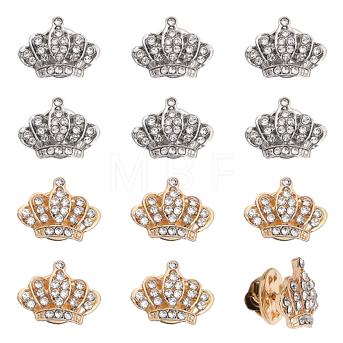 12Pcs 2 Colors Crystal Rhinestone Crown Lapel Pins JEWB-CA0001-37-1