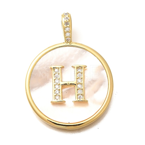 Rack Plating Brass Micro Pave Clear Cubic Zirconia Pendants with Shell KK-M309-42G-H-1