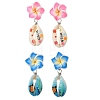 Handmade Polymer Clay 3D Flower Plumeria & Flower Word Printed Cowrie Shell Dangle Stud Earrings for Women EJEW-JE07483-2