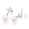 Drop Clover Natural Pearl & Shell Dangle Stud Earrings EJEW-T047-01P-4