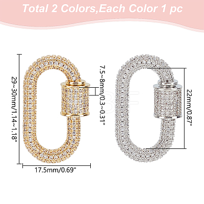 WADORN 2Pcs 2 Colors Brass Micro Pave Clear Cubic Zirconia Screw Carabiner Lock Charms ZIRC-WR0001-01-1