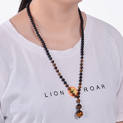 Natural Tiger Eye & Lava Rock Graduated Beaded Round Pendant Adjustable Braided Necklaces for Yoga and Aromatherapy HY9299-5-1