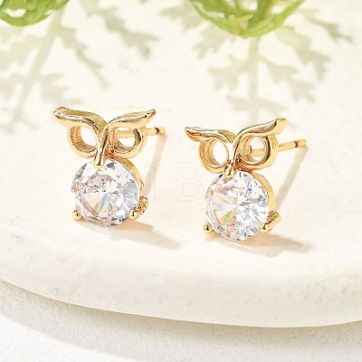 Owl Brass Micro Pave Cubic Zirconia Stud Earrings for Women EJEW-G428-10G-01-1