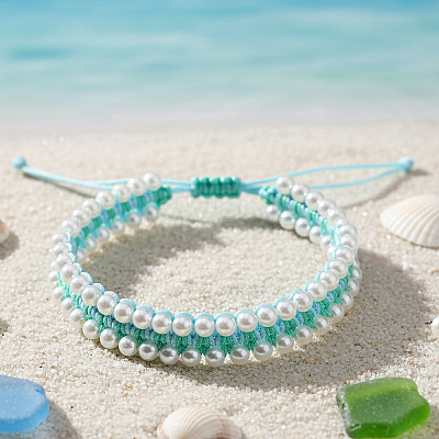 Imitation Pearl Round Beads Braided Bead Bracelets OE8448-2-1