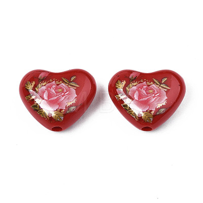 Flower Printed Opaque Acrylic Heart Beads SACR-S305-28-I04-1