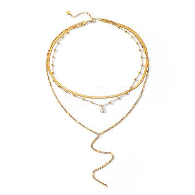 304 Stainless Steel Pave Clear Cubic Zirconia Teardrop Long Tassel Pendant 3 Layer Chain Necklaces for Women WGE5E69-01-1