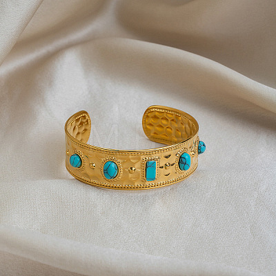 Vintage 304 Stainless Steel Pave Synthetic Turquoise Cuff Bangles for Women FO8532-1