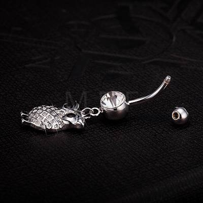 Piercing Jewelry Real Platinum Plated Brass Rhinestone Owl Navel Ring Belly Rings AJEW-EE0001-64-1