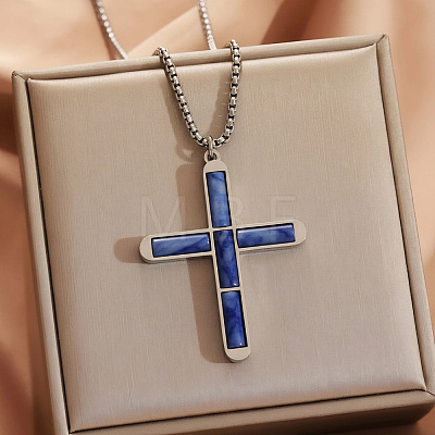 304 Stainless Steel with Dyed Natural Blue Agate Religion Cross Pendant Necklaces FS-WG3F108-11-1