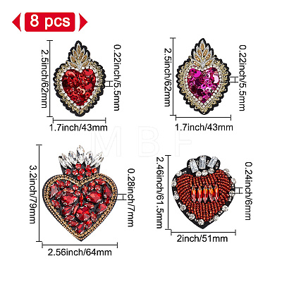 GOMAKERER 8Pcs 4 Style Sacred Heart Glass Rhinestone Appliques PATC-GO0001-03-1