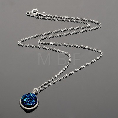 Silver Color Plated Flat Round Brass Druzy Resin Pendant Necklaces NJEW-JN01163-1