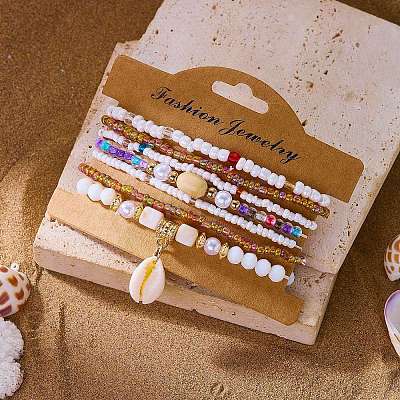 Bohemian Resin & Alloy & Glass Beads & Shell & Plastic Pearls Beaded Stretch Bracelets BJEW-Z169-01A-1