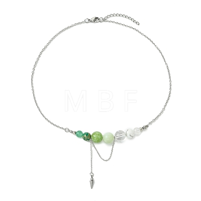 Natural Green Aventurine & Quartz Crystal & Dyed Imperial Jasper & New Jade Round Graduated Beaded Pendant 304 Stainless Steel Cable Chain Necklaces for Women NJEW-TA00242-03-1