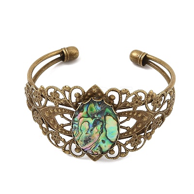 Oval Natural Paua Shell Brass Hollow Floral Cuff Bangles for Women BJEW-JB14503-01-1