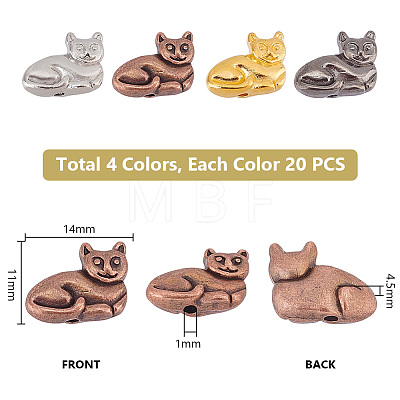   80Pcs 4 Colors Tibetan Style Alloy Kitten Beads TIBEB-PH0005-15-1