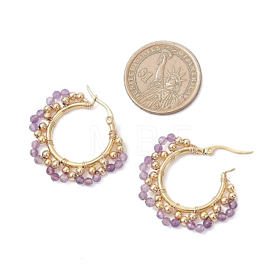 Brass Natural Amethyst Hoop Earrings EJEW-TA00782-03-1